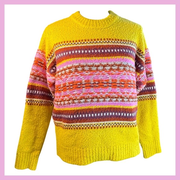 Womens Forever 21 Sweater Yellow Pink Brown Crew Neck Pullover Knit Top - Picture 1 of 15